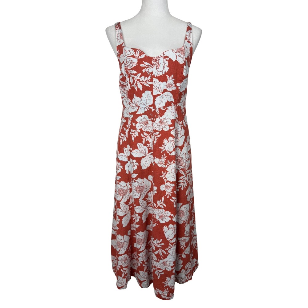Old Navy Women Linen Blend Floral Midi Dress Medium Red Sleeveless Smocked Back